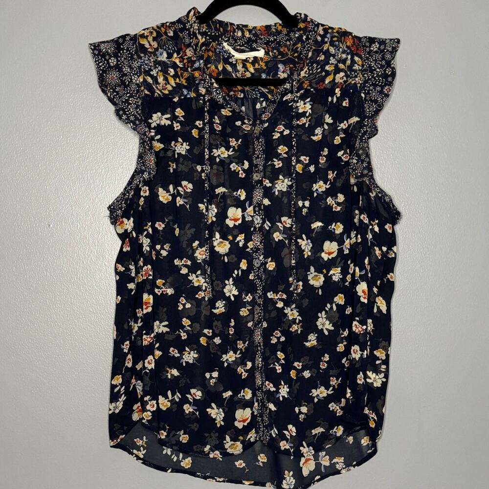 Love Stitch Large Blouse Sheer Floral Navy Button Ruffle Cap Sleeve Round Hem